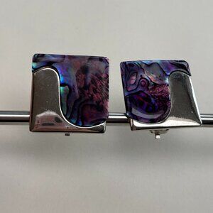 Vintage Abalone + Silver toned Wavy Square Statement Clip-on Earrings